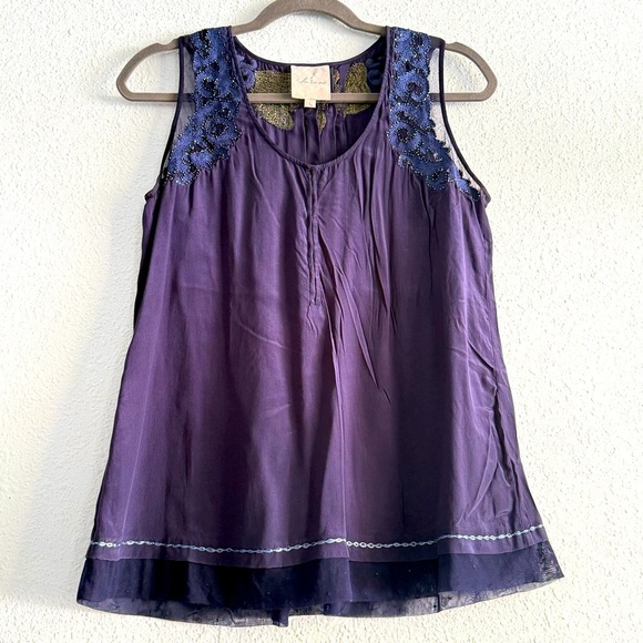 Saivana Anthropologie Sleeveless 100% Beaded Embroidered Tank Top Navy Size L - Picture 1 of 7